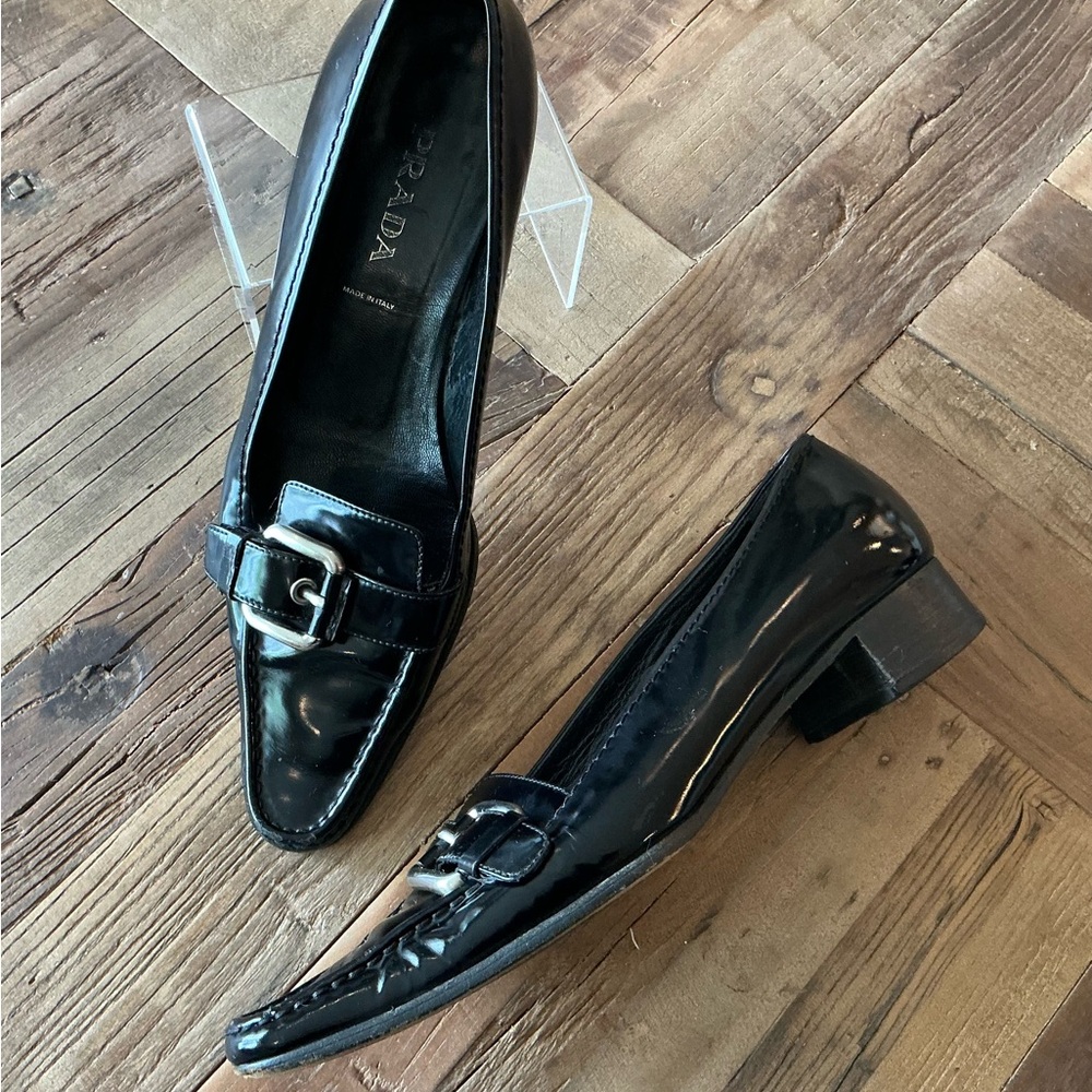 Prada Classic Black Leather Loafer, Silver Buckle, Size 39 - Picture 2 of 6